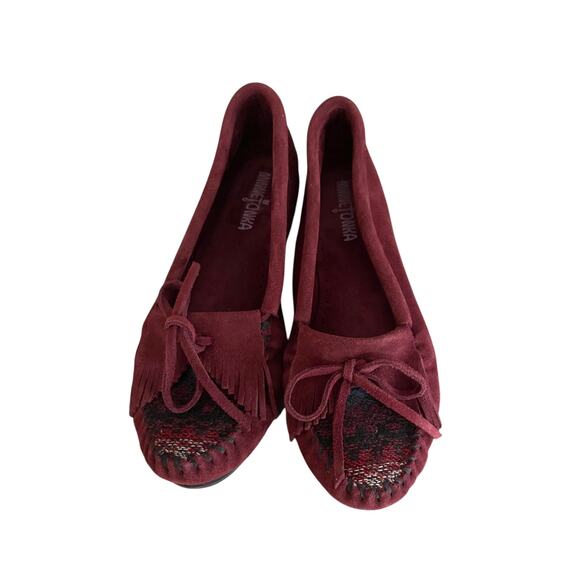 Minnetonka‎ Kilty Burgundy Moccasin Loafer Arizona Fabric Toe Size 8.5 - Picture 6 of 8
